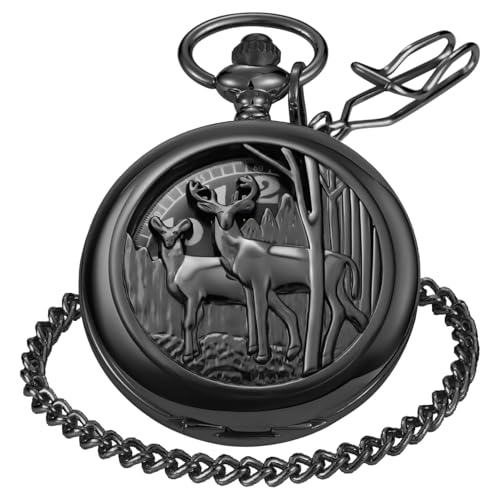 Black Openwork Double Deer Quartz Fashion Men's Pocket Watch with