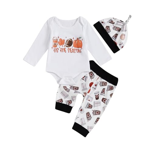 Image of Rarjuiey My First Halloween Baby Boy Outfit Newborn Long Sleeve Pumpkin Romper Top Pumpkins Pant Hat 3Pcs Fall Clothes Set Black 0-3 Months