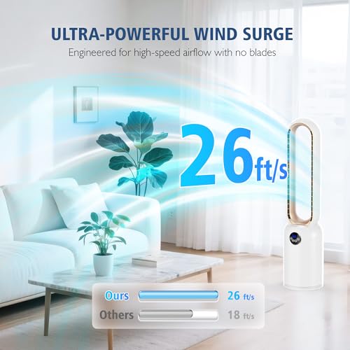 Image of Bladeless Tower Fan for Bedroom, Powerful 26ft /s Airflow, 24 Speeds, 90 Oscillation, 12H Timer, Standing Fans with Remote, Quiet Bladeless Cooling Fan for Home Office Room, White Gold