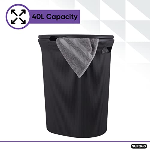 Image of Superio Ribbed Collection - Decorative Plastic Laundry Hamper with Lid and Cut-Out Handles, Brown (1 Pack) Basket Organzier for Bedroom Bathroom College Dorm Room 40 Liter