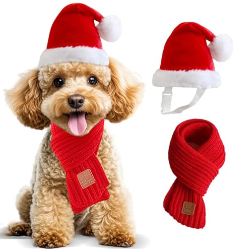 Dog Christmas Hat & Scarf Set for Small Dogs...