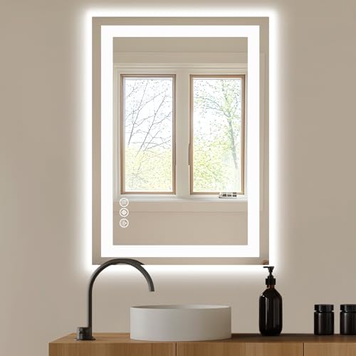 Image of NEWBULIG 24X32 Inch LED Bathroom Wall Mirror with Lights, Light up Vanity Bathroom Mirror for Over Sink, Anti-Fog and Dimmable, Front Light and Backlit, Memory Function, Shatter-Proof, White