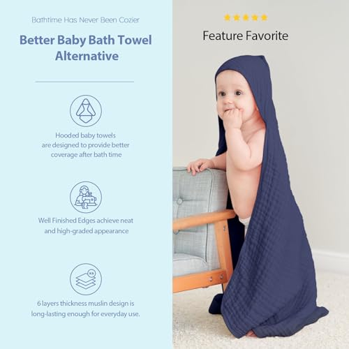 Image of Unnivoll Hooded Baby Towels for Newborn - 2 Pack, 100% Muslin Cotton, Baby Bath Towels with Hood, Soft and Absorbent for Boys, Girls Infant, Toddler and Kids, Large 32x32 Inches, Newborn Essential