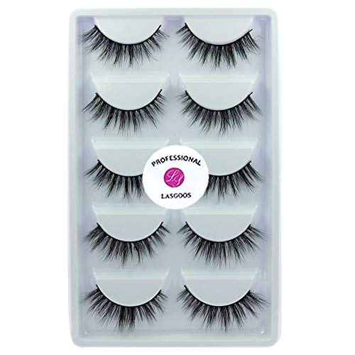 Mink 3D False Eyelashes LASGOOS Natural Daily Look Messy Real Mink Lashes Fake Eyelashes for Eye Makeup 5 Pairs/Box (A13)