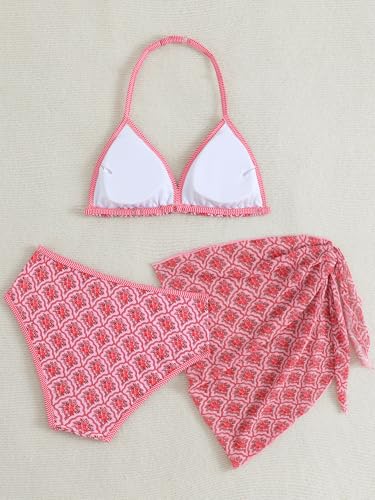 Image of SEGT Girl's 3 Piece Striped Bikini Swimwear Cute Swimsuits Bathing Suit High Waisted with Cover Up Beach Skirt