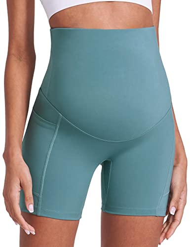 Image of Enerful Women's Maternity Yoga Shorts Over The Belly Comfy Workout Running Active Biker Pregnancy Pants with Pockets 5 inch