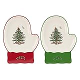 Spode Christmas Tree Mitten Dishes (Set of 2) - Red & Green Serving Platters for Cookies, Desserts, Appetizers, 7