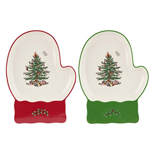 Spode Christmas Tree Mitten Dishes (Set of 2) - Red & Green Serving Platters for Cookies, Desserts, Appetizers, 7
