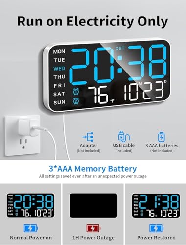 Image of 15-Inch Digital Wall Clock with Large LED Display - Remote Control, Auto-Dimming, Night Light, Date, Day, Temperature, DST Function - Ideal for Living Room, Bedroom (9 inch Blue)