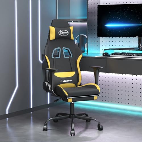 Homgoday Silla Gaming de Masaje con reposapiés Tela Negro y Amarillo Sillones para Videojuegos