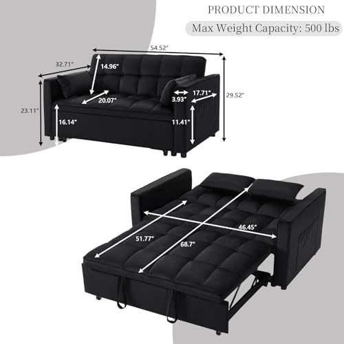 Image of Convertible Sofa Bed,3 in 1 Pull Out Couch Adjustable Backrest, Modern Velvet Upholstery Sleeper Sofa Bed, Loveseat Couch for Living Room, Bedroom & Apartments (Black)