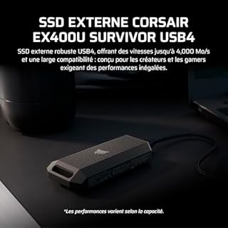 CORSAIR EX400U SURVIVOR 2 To USB4 SSD Externe – Jusqu’à 4 000 Mo/s en Lecture, 3 600 Mo/s en Écriture, Stockage NVMe IP55 robuste, USB4/Thunderbolt 4, Rétrocompatible – Plug-and-Play PC/iOS/Mac – Noir