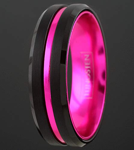 Engraved Personalized 6/8Mm Black Tungsten Carbide Wedding Band W/Hot Pink Stripe & Hot Pink Anodized Aluminum Inner Band. (Tungsten (6Mm), 7) #TOP3