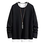 [W Wonyo] 長袖 Tシャツ メンズ 秋服 重ね着風 ロングtシャツ 配色切替 ティーシャツ おしゃれ ロンt 大きいサイズ ろんてぃー 人気 ロンティー 快適 トップス 綿100 カットソー かっこいい服 ながそで てぃーしゃつ 春 秋 black 2XL