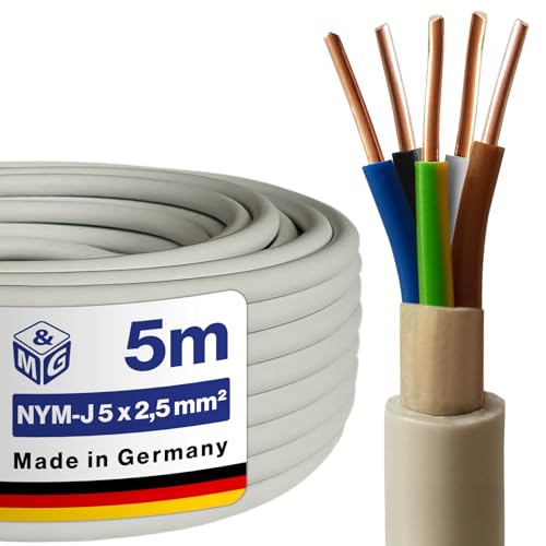 M&G Techno NYM-J 5x2 5 mm Stromkabel 5 Polig NYM Kabel 5 adrig Mantelleitung Erdkabel Elektrokabel Feuchtraumkabel elektrische Leitung 5m