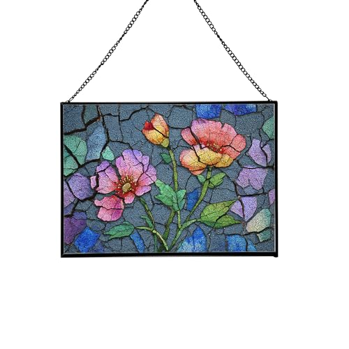 Wildflowers Pushing Through Cracked Pavement Rectangular Stained Glass Suncatcher – Hanging Window Panel with Animal & Nature Scene – Vibrant Glass Art Gift for Wildlife, Fantasy, Nature Lovers x6xMyR