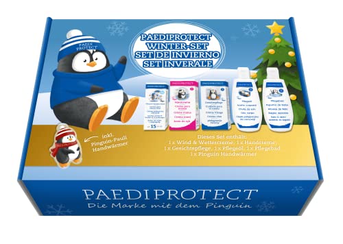 PAEDIPROTECT Set regalo inverno con 6 prodotti per la cura, 1x crema viso idratante, 1x crema per le mani, 1x cura del viso, 1x olio per la cura, 1x Additivo per il bagno, 1x guanto di lavaggio, borsa