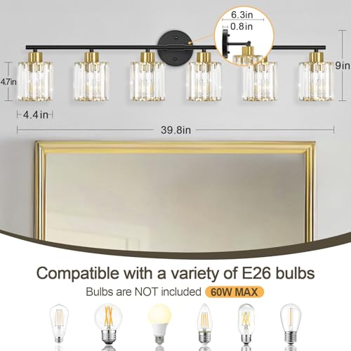 Image of Modern Black Gold Crystal Bathroom Light Fixtures,6-Light
