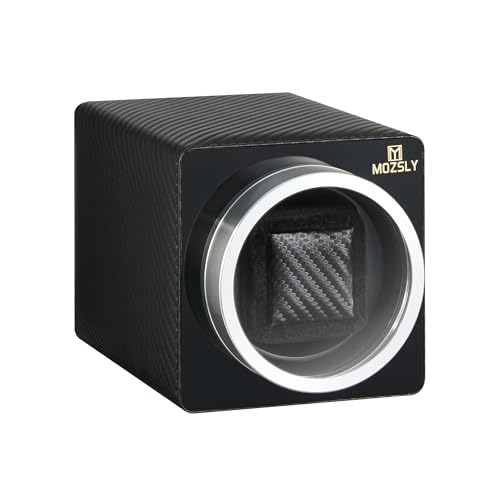MOZSLY Single Watch Winder para Relojes automáticos con Motor silencioso 12 ajustes de Modo de rotación Cuero de Fibra de Carbono