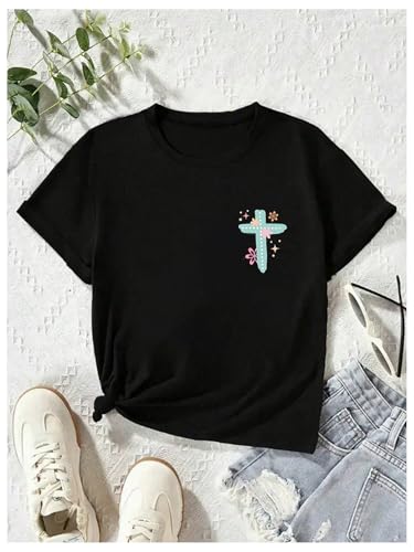 SHENHE Girl's Summer Graphic Slogan Cross Print Christian Shirt Short Sleeve Tee Top2