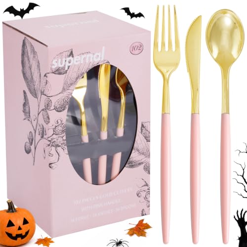 Supernal 102Pcs Gold Disposable Utensils with Pink Handle for Wedding Party