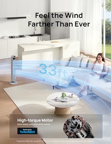 Image of DREO Tower Fan for Bedroom, 4 Speeds, 3 Modes Standing Fans for Room with 90 wide Oscillating, 28dB Quiet for Sleep, 26ft /s Velocity, 33ft Coverage, 8H Timer, Remote, Living Room, Office, Home, Grey