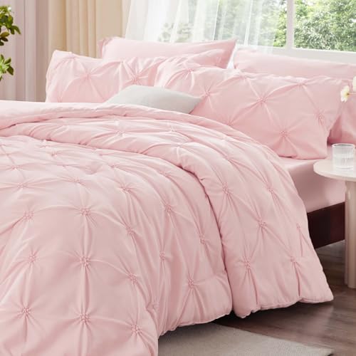Image of BEDELITE Twin Comforter Set Baby Pink,Lightweight & Soft Comforter | Pintuck Boho Bedding, Warm & Cute Bed Set for All Season,With 1 Pillowcase