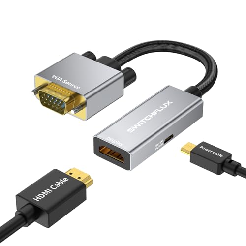 SWITCHFLUX VGA to HDMI Adapter Uni-Directional 1080P@60Hz VGA (Source) to HDMI (Display) Converter Compatible with Computer Laptop Graphics Card Monitor Projector