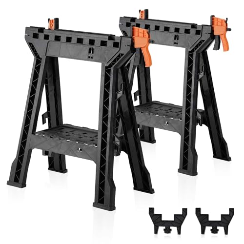 ZYJOYY Saw Horses 2 Pack Folding,Portable Heavy Duty Sawhorse with 1000 lbs Weight Capacity Total,Built-in Tool Tray and Cord Hooks