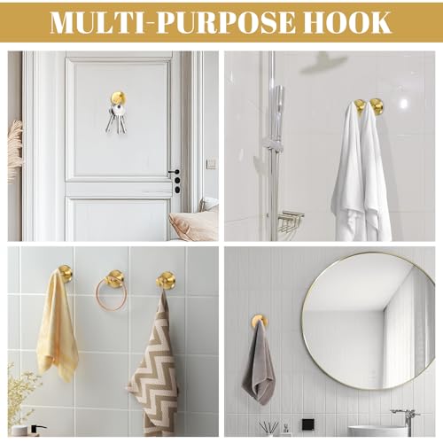 Image of Suction Cup Hooks, 4 Pack Gold Stainless Steel Suction Hooks for Shower | No-Drill, Reusable Removable, Towel Hook Holders for Bathroom Kitchen, For Smooth Surfaces Like Tile, Glass, Mirror