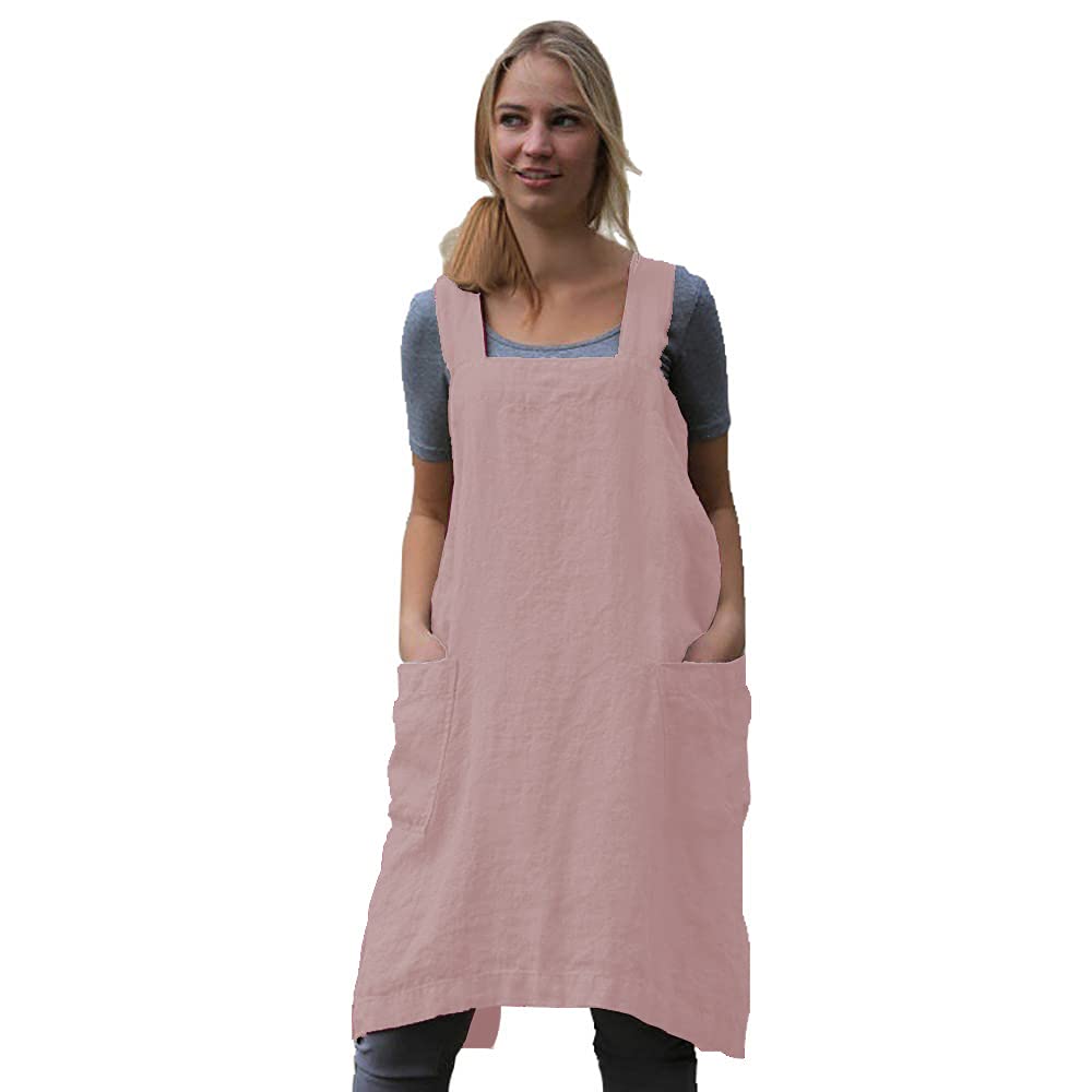 Damen Schürze mit überkreuzten Rücken, mit großen Taschen, für Zuhause, Küche, Restaurant, Café, Kochen und Gartenarbeiten - Pink - XX-Large