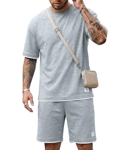 Elainone Ensemble Homme Été 2 Pièces – T-Shirt et Short, Tenue Sport Homme Respirante et Extensible, Coupe Slim Moderne, Idéal pour Sport, Loisirs et...