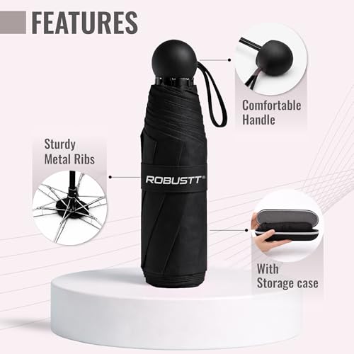 Image of Robustt Capsule Mini Foldable Travel Umbrella | Black | UPF 50+ UV & Rain Protection | 3 Fold Compact | for Women, Men & Kids | Windproof, Waterproof, Pocket-Size with Storage Case