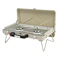 2-Burner Camping Propane Stove with Tray, Portable Outdoor Grill Stove Foldable Tabletop Gas Cooking Lightweight Barbecue Grills for Tailgating Backyard BBQ (White)