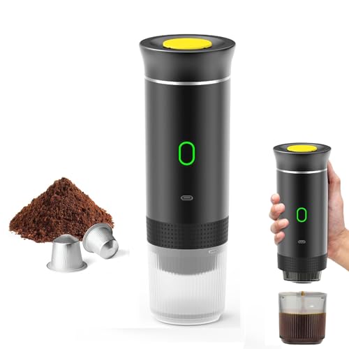 JOPWUE Cafetera portátil, calentamiento rápido, 12 V, 3 en 1, máquina de café espresso de cápsulas, autocalentamiento con USB, café molido, utilizada para camping, oficina, hogar, coche, viajes
