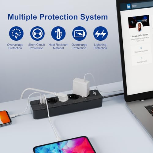 Steckdosenleiste überspannungsschutz(4000W 16A),KEPLUG Mehrfachsteckdose mit 2USB C 1USB A wandmontage, Steckerleiste einzeln schaltbar kindersicherung,Steckdose 2 m Kabel Schwarz 2