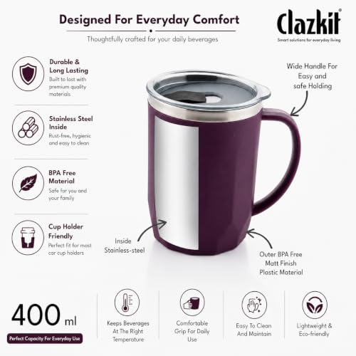 Image of Clazkit Travel Leak Proof Coffee Mug | Stainless Steel Coffee Tumbler | Spill-Proof Lid | Hot & Cold Vacuum Mug for Office, Travel & Car- 400ml - Purple