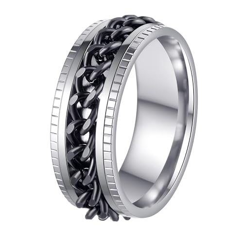 Udolfly Mens Fidget Rings Anxiety Rings for Men Womens Chain Spinner Rings for Adults Titanium Steel Ring Silver Black Size 13