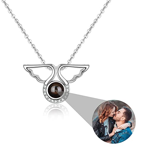 SporinGUNDsop Personalized Photo Projection Necklace Wings Projection Pendant I Love You Necklace 100 Languages 925 Sterling Silver Love Jewelry Custom Memorial Gifts for Women Girls Wife Mom