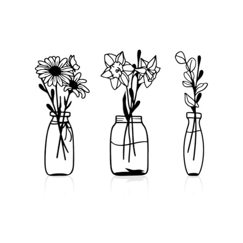 Genérico 3 Piezas Flores de Metal Decoración de Pared, Arte de Pared de Metal Negro,Florero Minimalista Decoración de Pared para Cocina Salón Escultura Floral de Pared