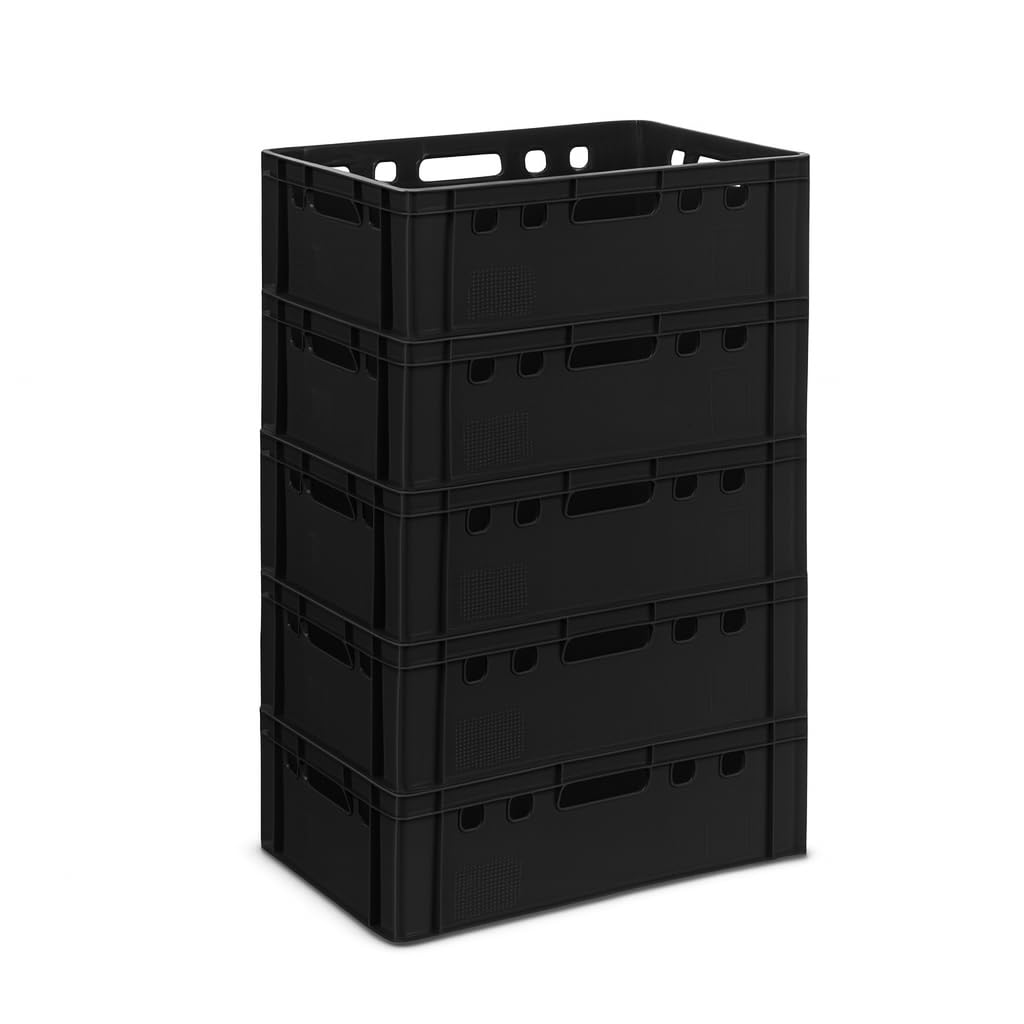 gardivo E2 - Scatole per macellaio, 5 pezzi, 60 x 40 x 20, colore nero, impilabili, resistenti alla vita, in plastica Eurobox