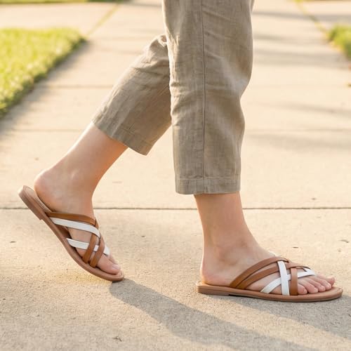 Image of Luoika Women's Wide Width Flat Sandals, Flip Flop Slides Sandal Casual Strapy Sandal Slip on Summer Beach Shoes for Women.