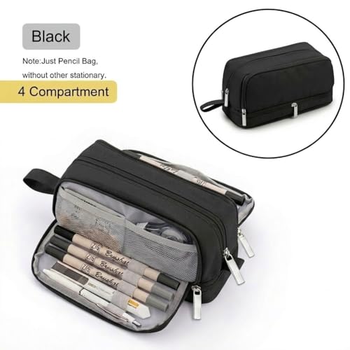Image of 4 Compartments Pencil Case for Boys,Big Canvas Pen Pouch Bag, Large Capacity Pen Box, Tool Bag for Middle School College Office Organizer for Kids Men Women Adult Teens [Black Color]