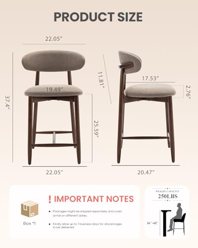 Image of Bar Stools Set of 1, 25.6″ Counter Height Bar Stools with Wood Legs, Upholstered Modern Kitchen Barstools for Kitchen Island Dining Room Bar, Camel