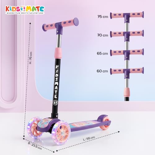 Image of Kidsmate Flashwheel Kick Scooter for Kids with LED Wheels | 3-Wheel Skate Scooter for Boys & Girls of Ages 2-12 Years | 5-Level Adjustable Height, and Easy Fold Design Scooter for Kids (Pink Purple)