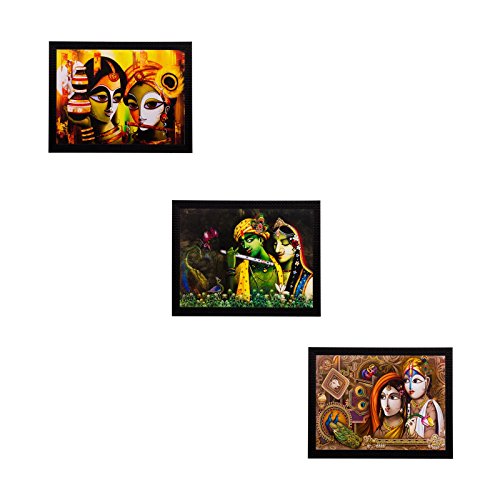 Image of eCraftIndia 'Radha Krishna Matt Textured' UV Art Painting (Synthetic Wood, 36 cm x 2 cm x 28 cm, Set of 3)