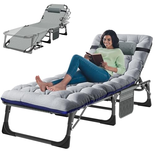 Image of ABORON Patio Lounge Chair, Folding Adjustable Chaise Chair, Max 450LB Load | 5-Gear Adjustable, Zero-Assemble, 75in Length, With Cotton Pad, Side Pocket, for Home, Garden, Beach, Office, Camping
