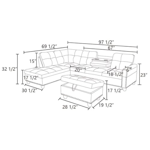 Image of L-Shaped 3-Piece Linen Sofa with Ottoman, Sectional Couch Set for Living Room, Office, Apartment, with Cup Holder, Purple