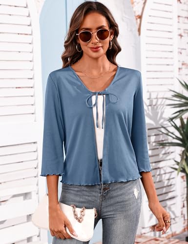 Image of Aiboria Women's Tie Front Shrug 3 /4 Sleeve Ribbed Bolero Lightweight Cropped Cardigan S-XXL