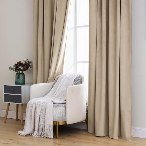 Image of MIULEE Velvet Curtains 52x90 inches 2 Panels Cream Beige Blackout Curtains | Luxury, Bedroom Living Room, Thermal Insulated, Super Soft Window Drapes, Rod Pocket & Back Tab